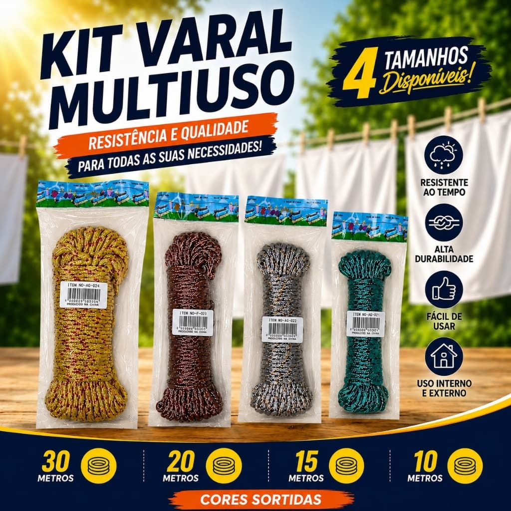 Kit Cordas Multiuso de 10 15 20 e 30 Metros Super Resistente para Varal Camping Lona Moto Uso Geral