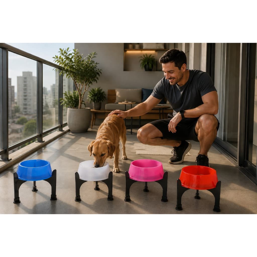 Kit Comedouro 750ml Cor + Suporte Elevado Alto M Preto ergonômico saudável prático