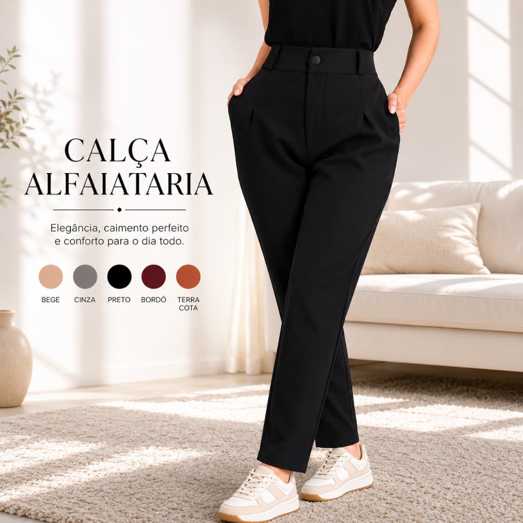 Calça Alfaiataria Feminina Social Para Trabalho e Eventos Cintura Alta Com Pregas Elegante  P|M e G