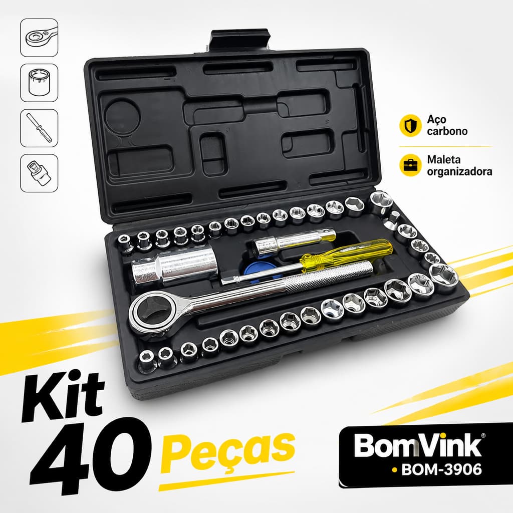 Kit De Ferramentas 40 Peças Cinzenta/Preta Jogo De Soquetes Chave Catraca Reversível Com Maleta Jogo Completo