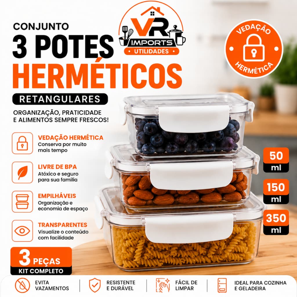 Kit 3 Potes Herméticos Tampa Vedação Retangulares Organização Cozinha
