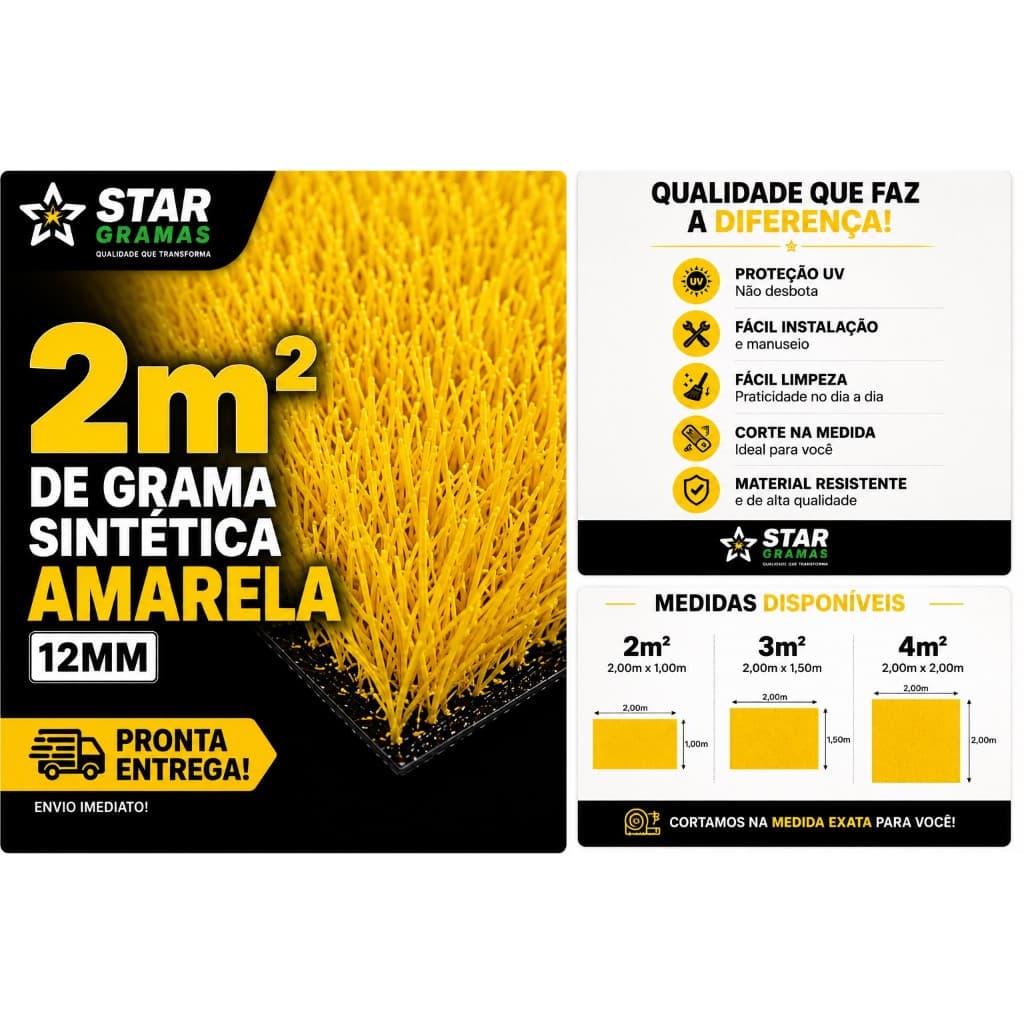 Grama Sintética Amarela Decorativa 12mm Corte na Medida Pronta Entrega