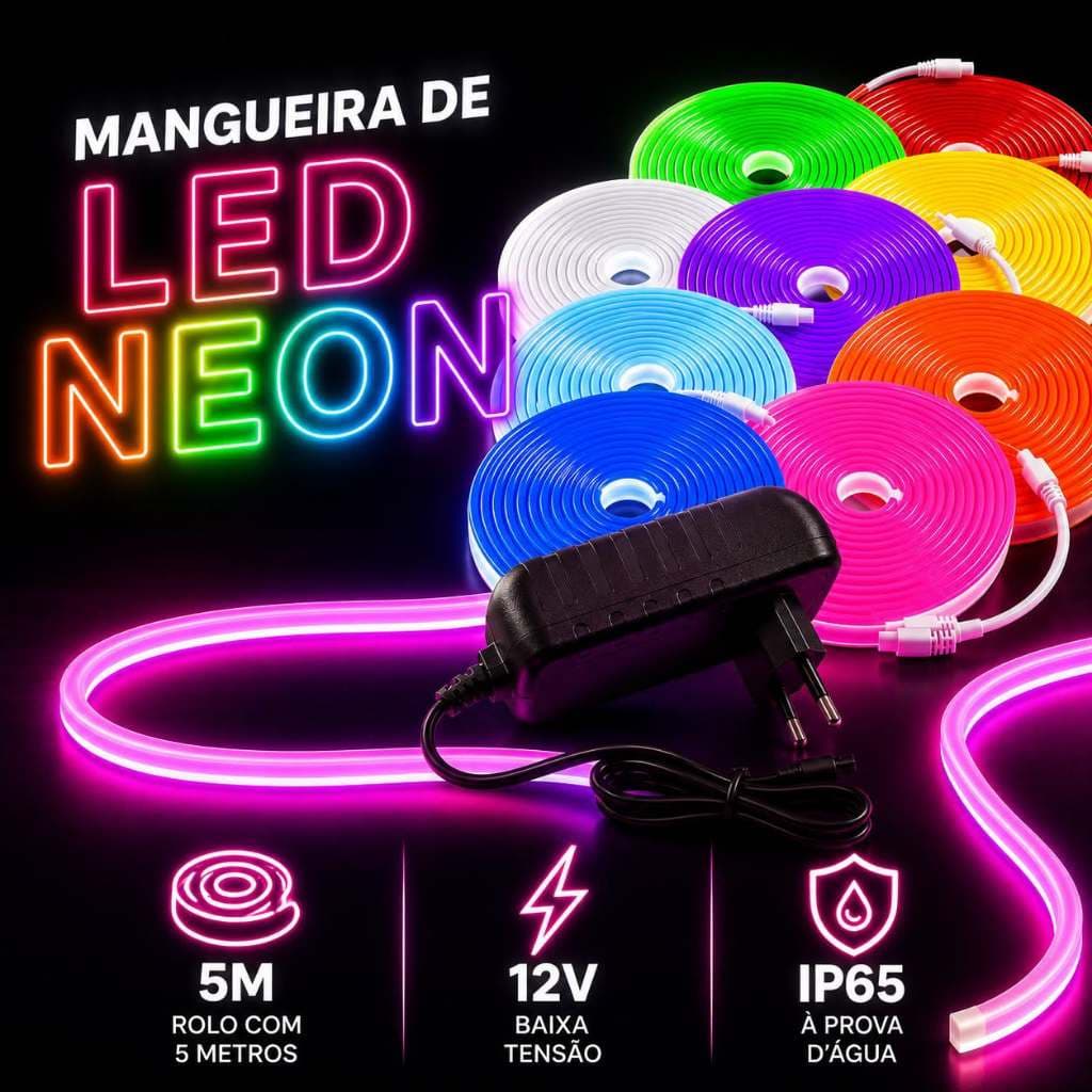 Mangueria de Led Neon Flex Luminosa com Fonte Plástica 5 amperes Rolo 5 metros 12 volts IP65