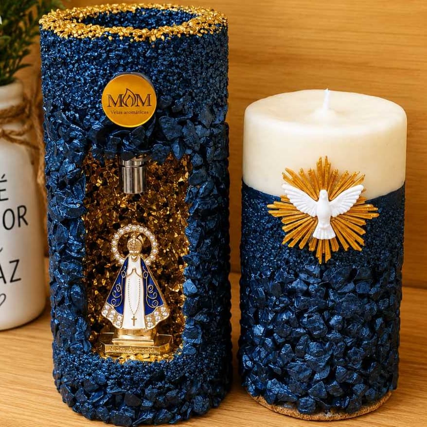 Kit Vela Gruta Nossa Senhora Aparecida com 4 Refis + Divino Espírito Santo | com Folhas de Ouro