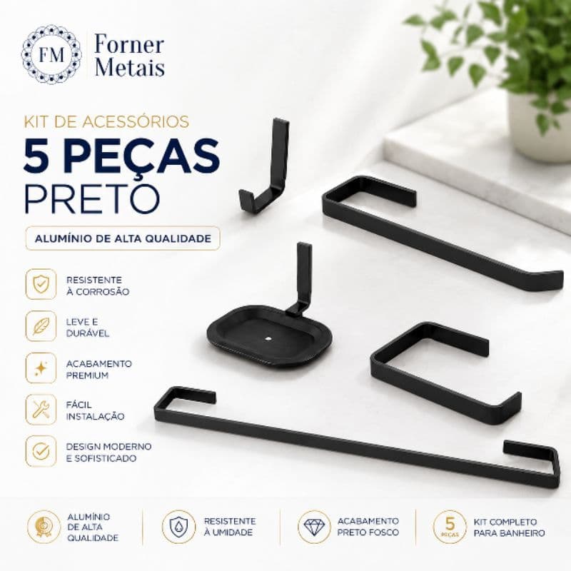 Kit de Acessórios Para Banheiro Preto 5 Peças Porta Toalha, Papeleira , Saboneteira e Cabideiro