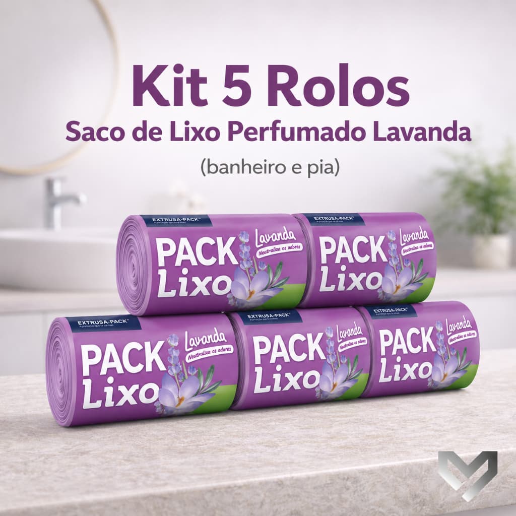 Kit 5 Rolos Saco Lixo 8L Lavanda 200 Unidades 34x38 Resistente Perfumado Banheiro Pia Cozinha Neutraliza Odores