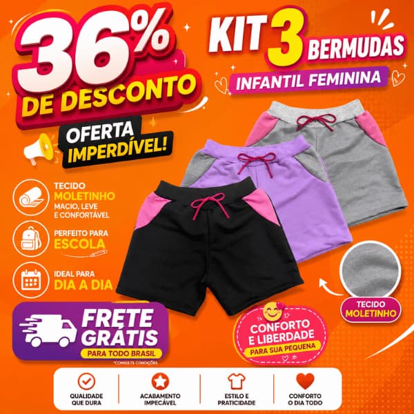Kit 3 Shorts Moletinho Menina Escola Bermuda Infantil Dia a Dia Juvenil Feminina