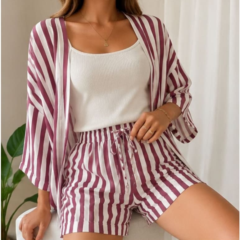 Conjunto Feminino Kimono e Short Listrado Casual Verão Moda Praia