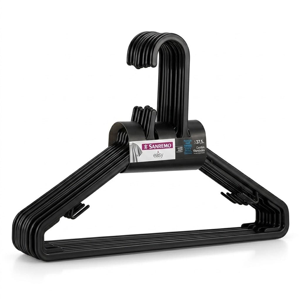 Kit 10 Cabides Plastico Preto Sanremo Adulto Organizador Guarda Roupa Resistente