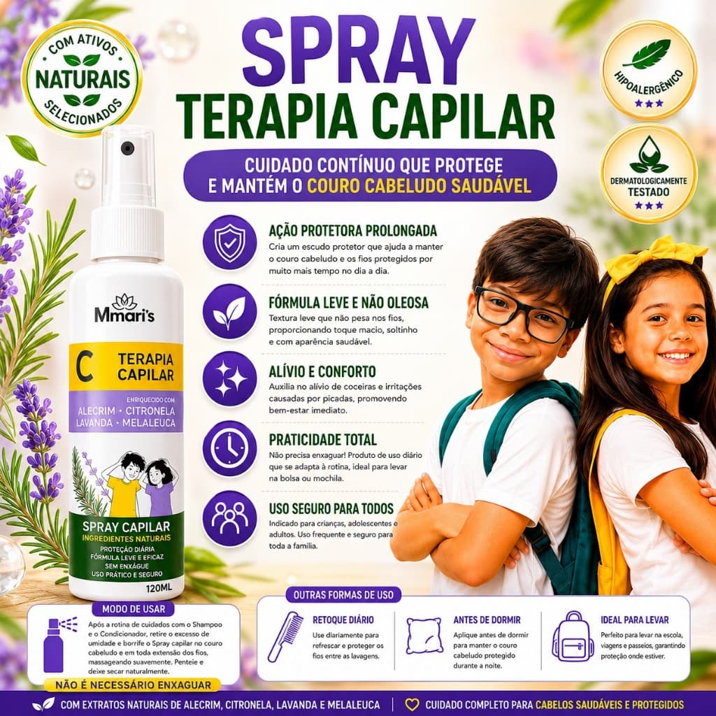 Spray de Combate Piolho e Lendea Alivia Coceira Kids Infantil sem enxague volta as aulas crianças