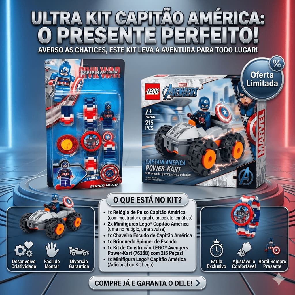 Kit Capitão América Menino Relógio Digital Infantil + Brinquedo de Montar Carro Lego Vingadores Presente
