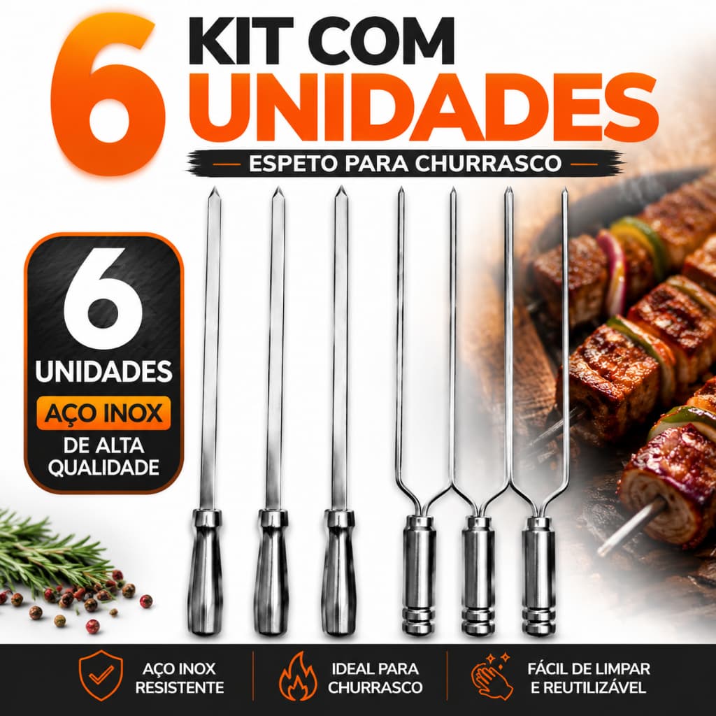 Kit Espetos Churrasco Alumínio 6 Unidades Duplo Simples Chato Profissional 50cm 60cm 70cm 80cm