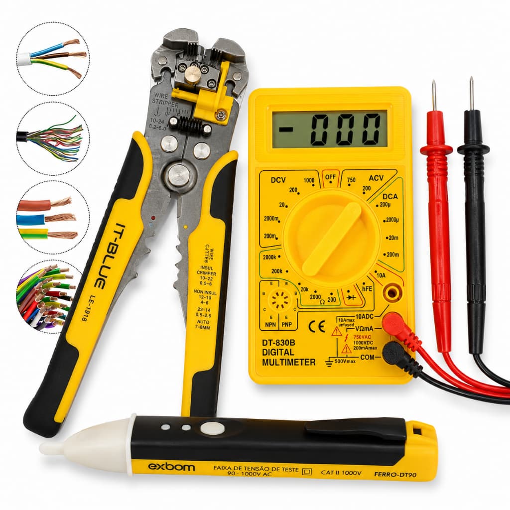 Kit Alicate Decapador Automático LT-1918 + Multímetro Digital DT-830B + Detector de Tensão DT90 Exbom