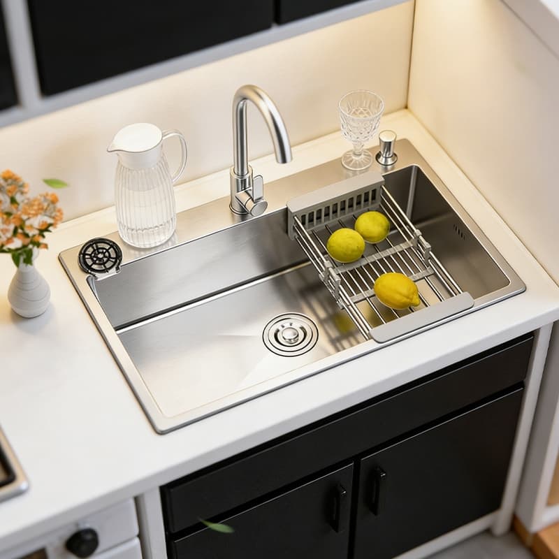Kit Cuba de Cozinha Gourmet Inox 304 Prata/Preto 60x45cm com Torneira e Lavador de Copos Integrado Premium