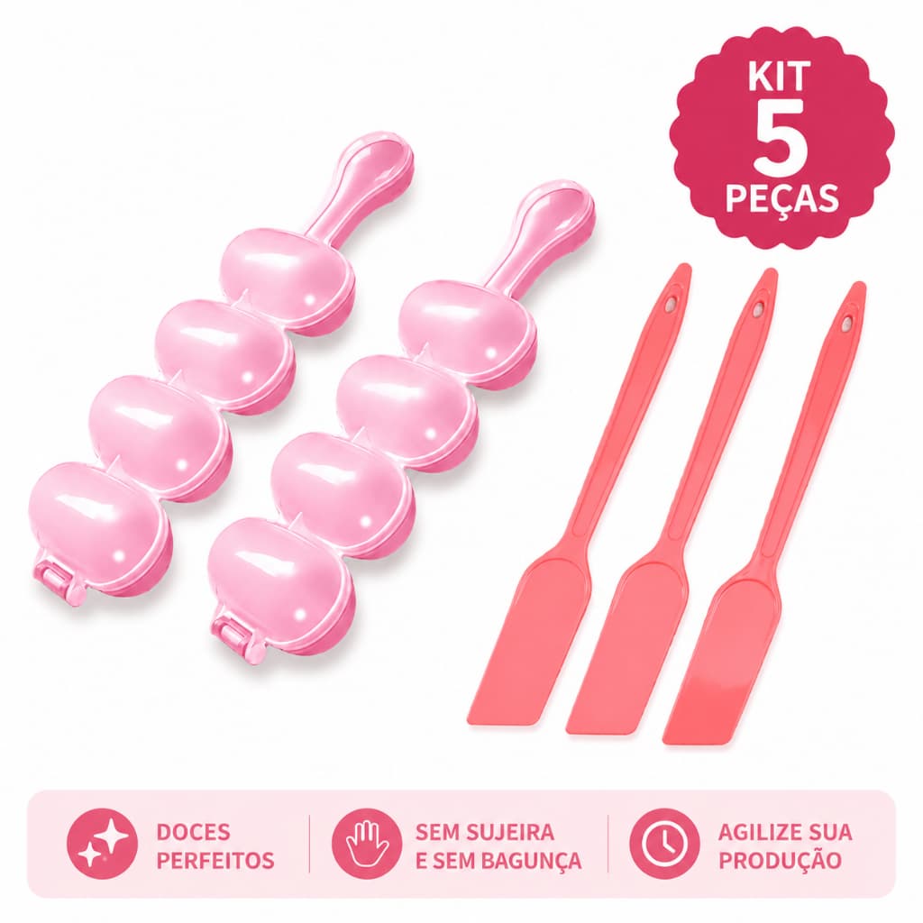 Kit 5 Peças: 02 Boleador Chocalho Brigadeiro Beijinho + 03 Espátula Confeitaria BlueStar Injetemp
