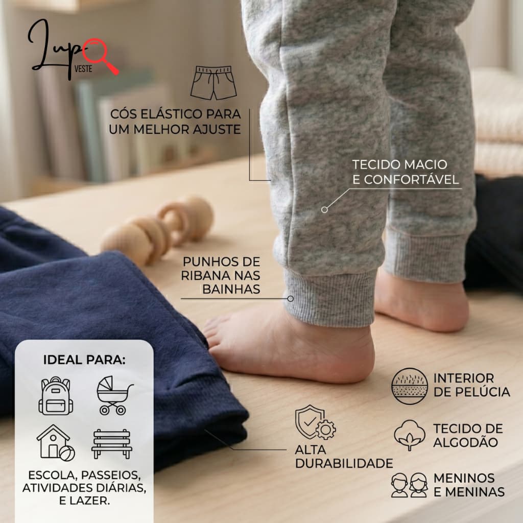 Kit 3 Calça Moletom Infantil Unissex Algodão Peluciada Grosso Com Punho Masculino Feminino Grosso Confortavel