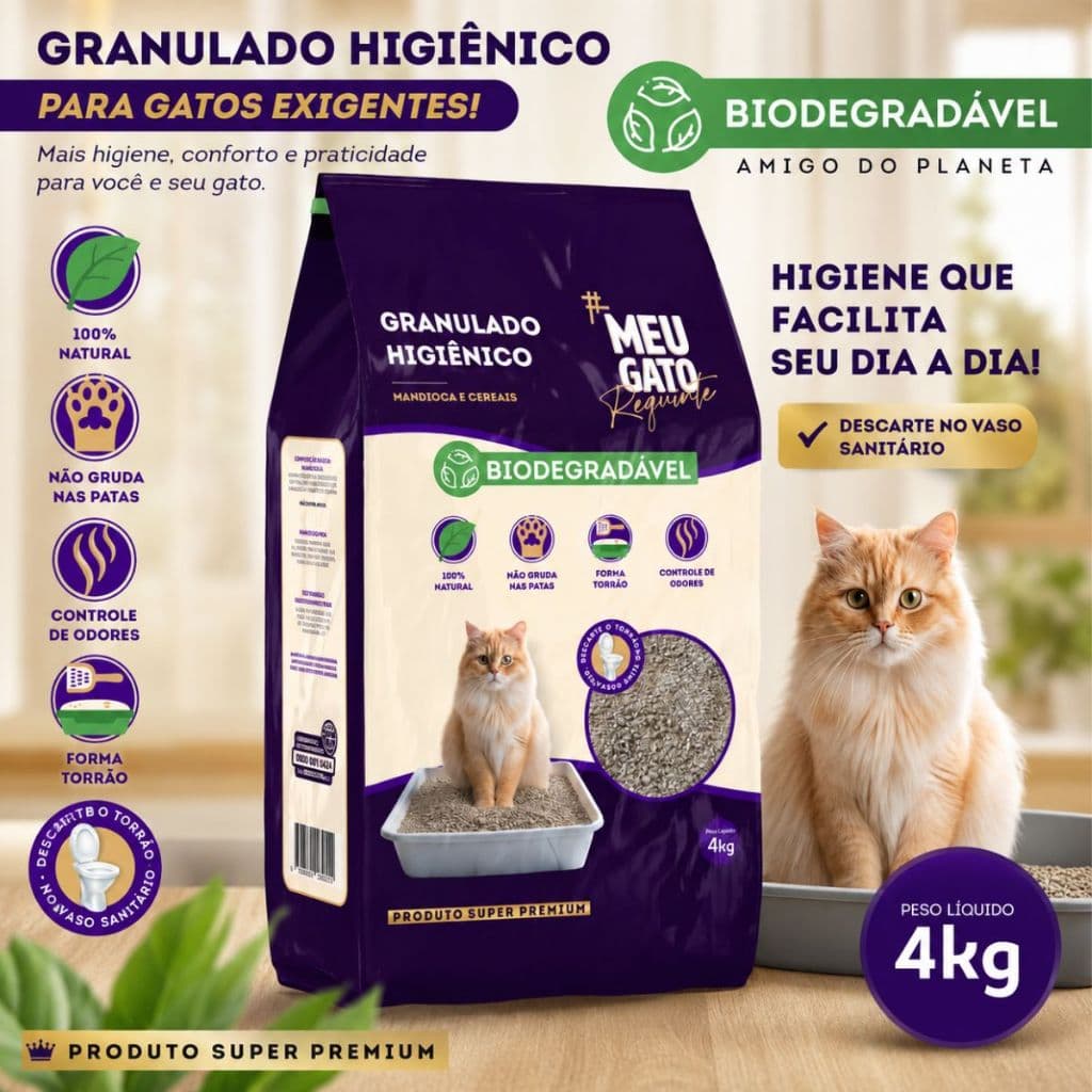Granulado Higiênico Para Gatos Biodegradável 4Kg Controle De Odores Não Gruda Nas Patas Premium