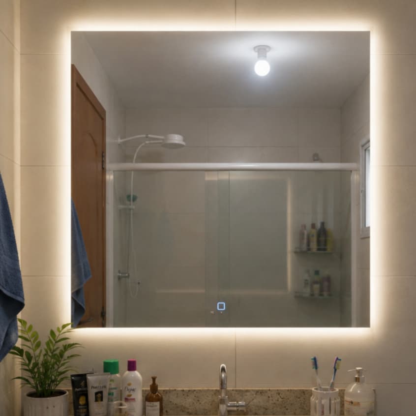 Espelho Quadrado Lapidado 60x60cm LED 3 Cores com Touch Bivolt Decorativo Banheiro