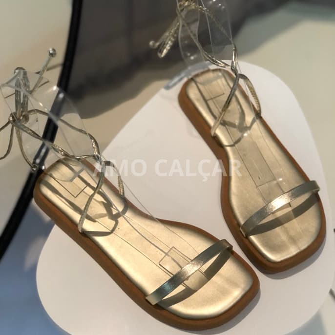 Sandália de amarrar Flatform Slim Feminina Delicada Brilho Conforto básica