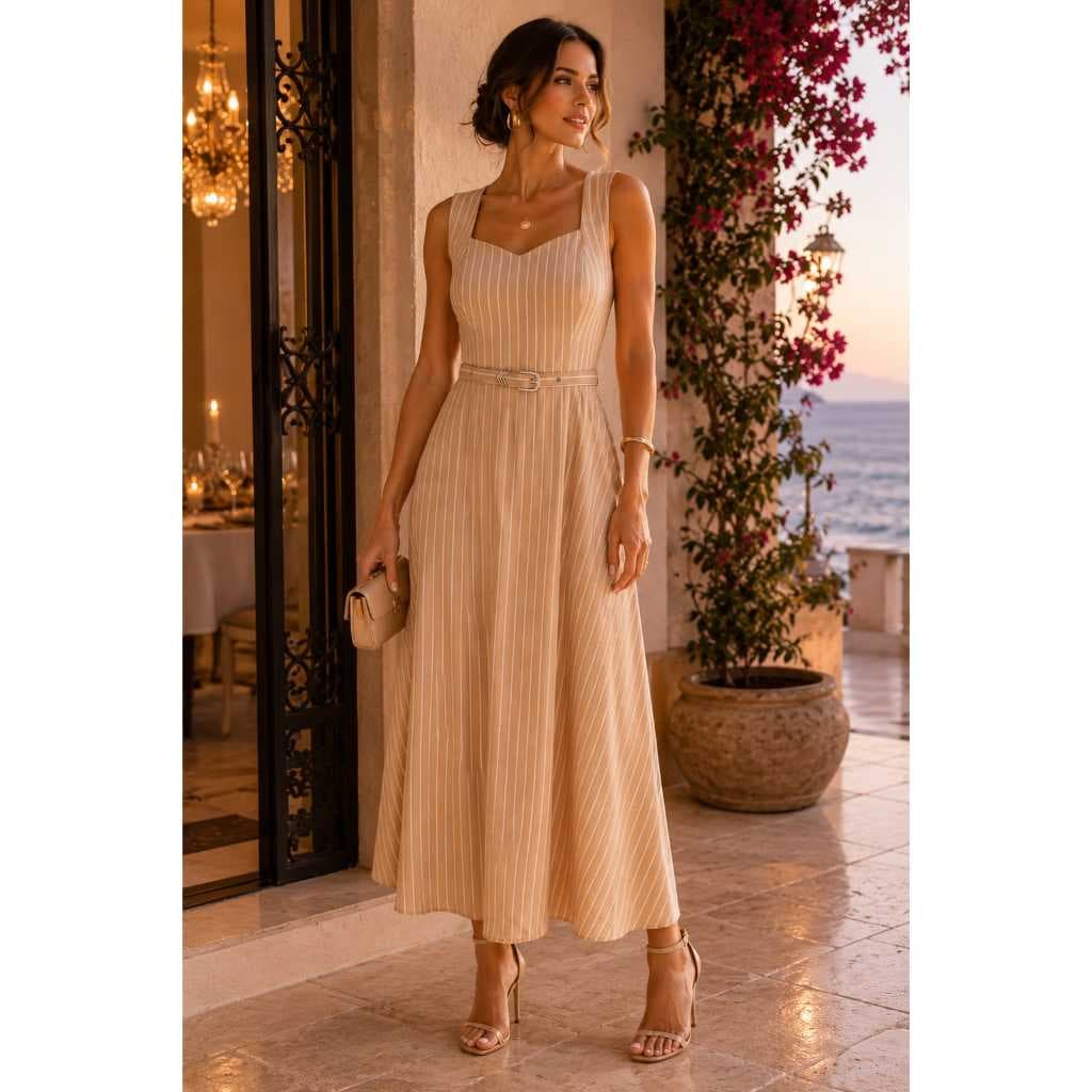 Vestido Amarelo Listrado Feminino Longo Cinto Fivela Dourada Elegante Casual,Passeio,Trabalho,Confortável,Chic,Clássico