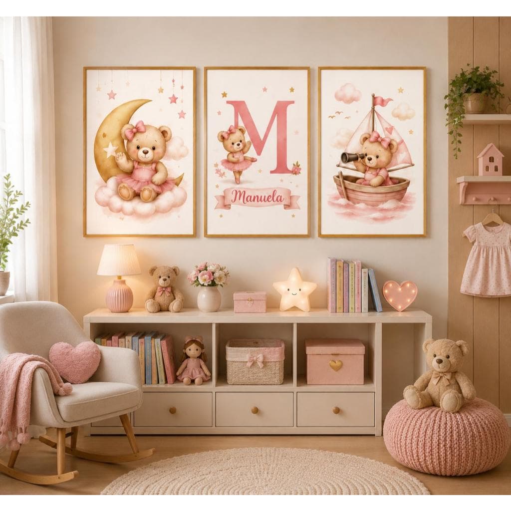 Quadro Decorativo Infantil Menina 3 Peças ursinhas fofas em tons rosê