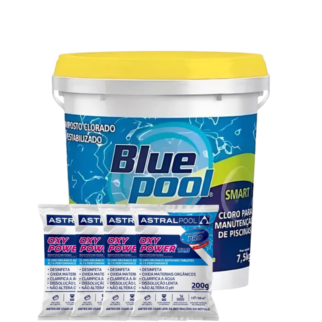 Balde Cloro Smart 7,5Kg Multiação Bluepool Limpeza Piscina Fluidra + 04 Pastilha Tablete Astral Pool 5 em 1 - 200g
