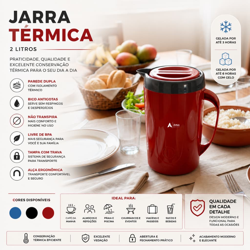 Jarra Térmica 2 Litros Com Tampa e Alça Suco Tererê Chá Água Café Cozinha Almoço Unitermi Caribe