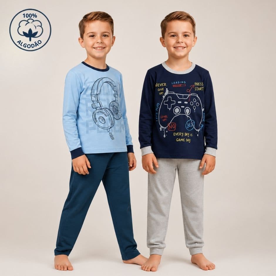 Pijama Menino Inverno Pijama Juvenil 100% Algodão Roupa de Dormir Infantil Tamanho 1 ao 14 anos