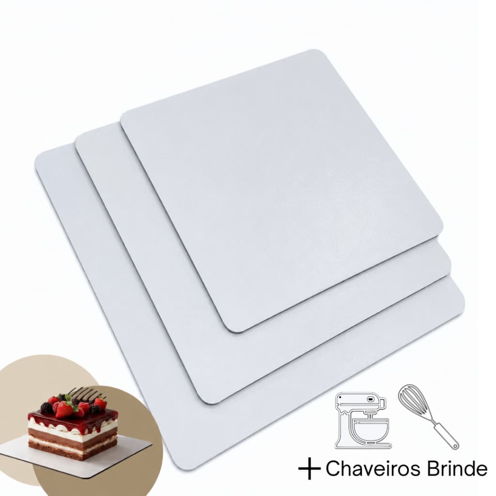 Kit 5 Cake Board Quadrado + Chaveiros Brinde Em Mdf 3mm - Base Para Bolo Confeitaria