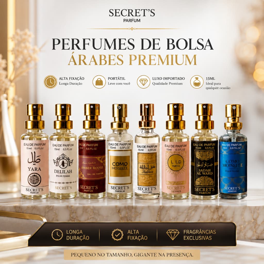 Perfumes De Bolsa Árabes Premium Secret’s 15ml Alta Fixação Longa Duração Luxo Importado Portátil