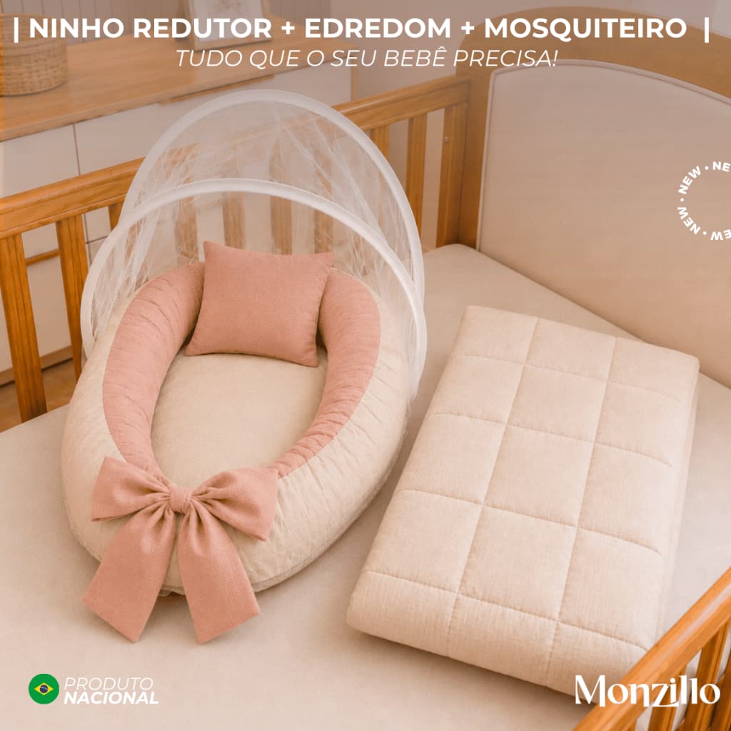 Kit Enxoval Bebê Ninho Redutor de Berço com Mosquiteiro e Edredom Matelado Liso