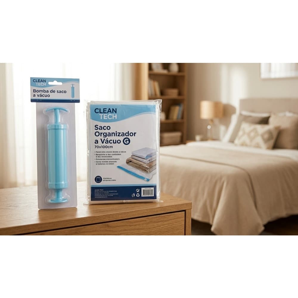 Kit Bomba Manual Azul Compactadora + Saco Organizador a Vácuo G 70 x 100cm para Roupas