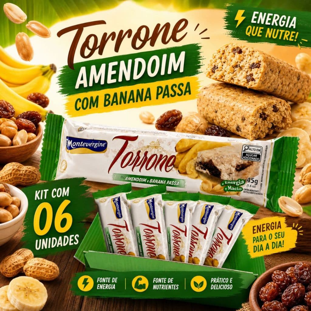 Kit 6 Torrone de Amendoim com Banana Passa  45g Montevérgene