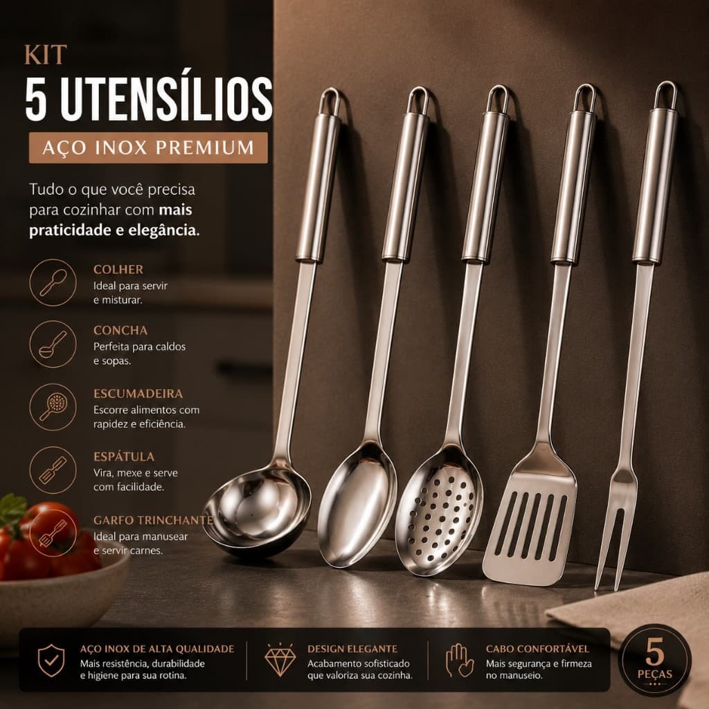 Kit 5 Utensílios de Cozinha em Aço Inox Premium – Colher, Concha, Escumadeira, Espátula e Garfo Trinchante