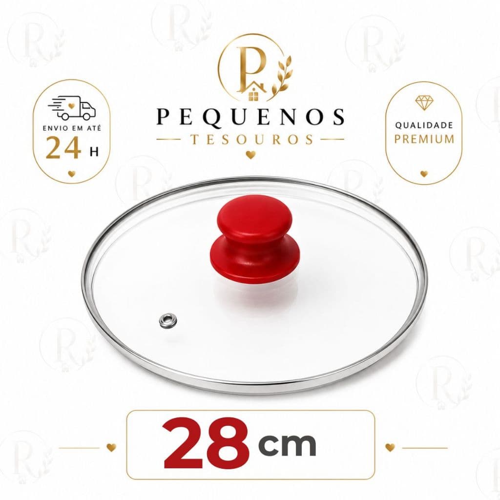TAMPA DE VIDRO N 28 CM TEMPERADO AULSA PARA PANELAS E FRIGIDEIRAS- BORDA DE AÇO- POMEL PUXADOR VERMELHO | UNIVERSAL