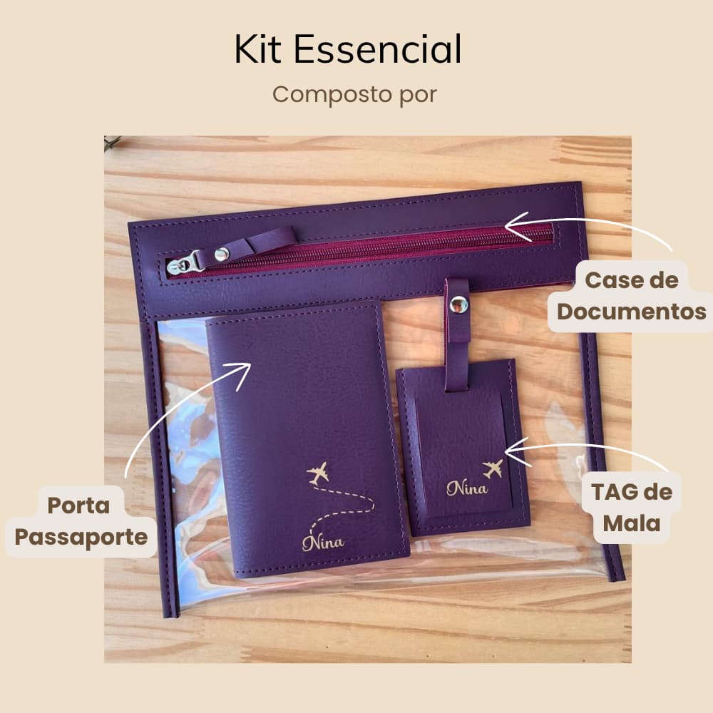 Kit Essencial de Viagem Personalizado | Porta Passaporte, Tag de Mala e Porta Documentos, Presente para Viajantes