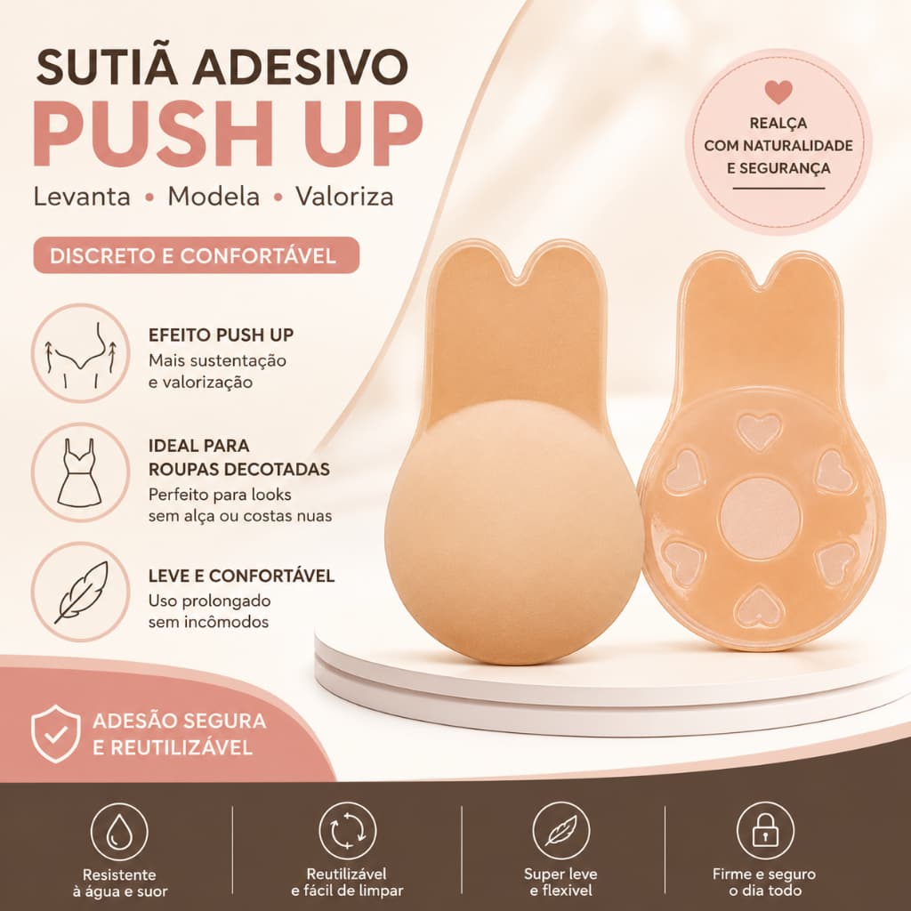 Sutiã Adesivo Push Up Invisível Levanta Seios Silicone Reutilizável Sem Alças Nude e Preto