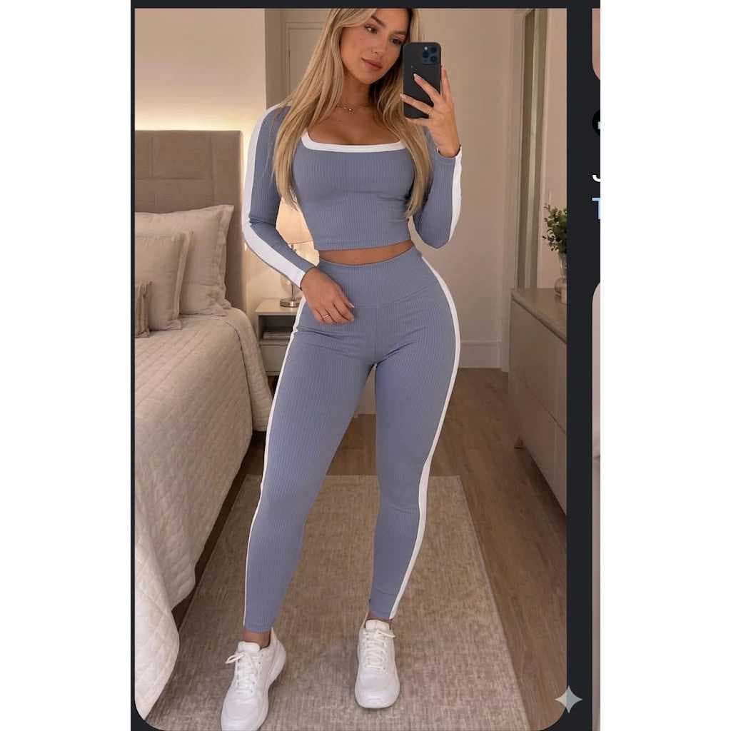 Conjunto Feminino Canelado Calça Legging E Cropped Manga Longa Casual Bicolor Sport Chic Tendência Blogueira.Bianca