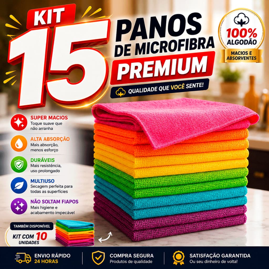 Kit 5, 10 e 15 Panos de Microfibra Premium 30X30 para Limpeza com Alta Absorção Multiuso