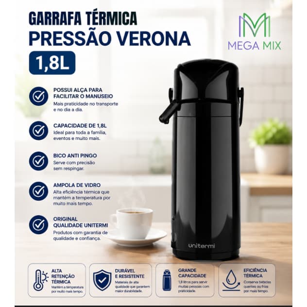 Garrafa Térmica De Água c/Pressão Verona Unitermi 1,8 Litros