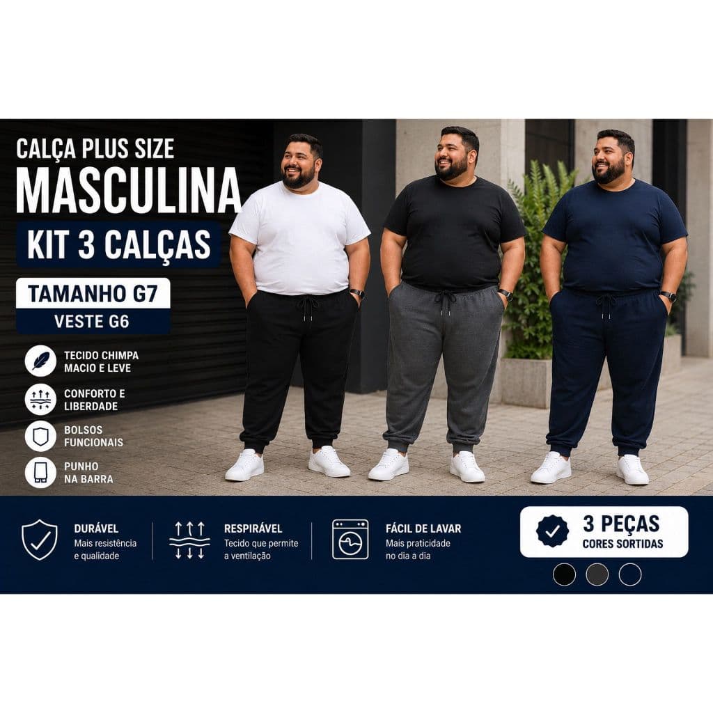Kit 3 Calças Masculinas Plus Size Tecido Chimpa G7