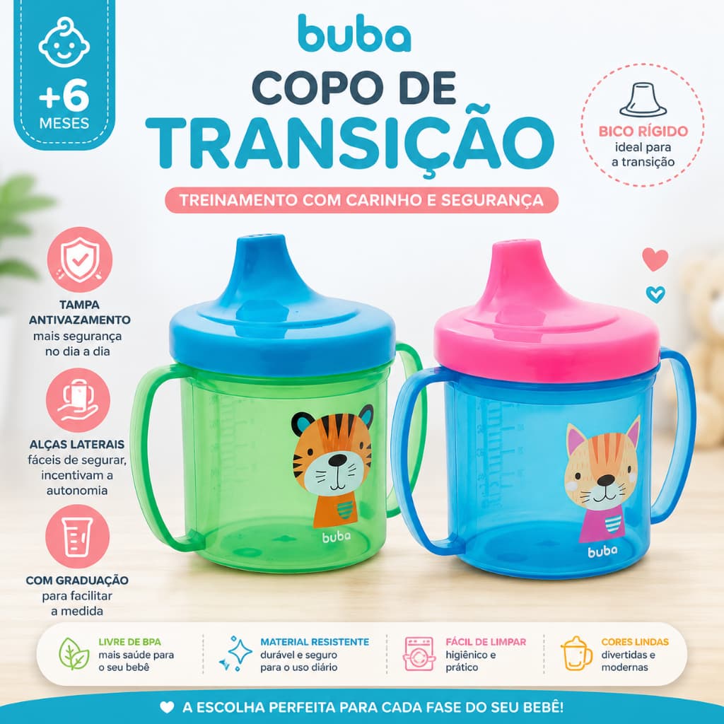 Copo de Treinamento Buba 180 ml – Tigrinho ou Gatinho | Com Alças, Bico Rígido e Livre de BPA