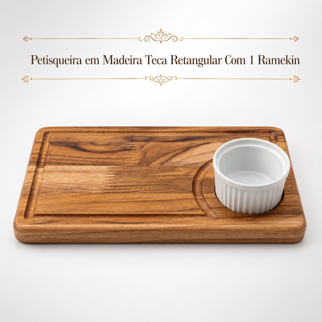 Petisqueira em Madeira Teca Retangular Com 1 Ramekin Tabua de Corte Para Churrasco Petisco Molhos Porção