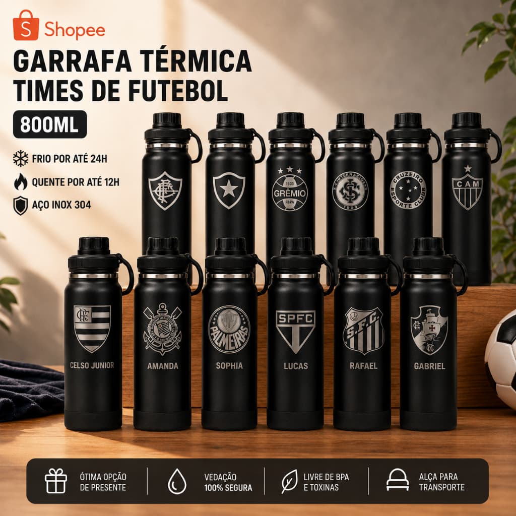 Garrafa térmica de água personalizada inox 800ml Time futebol e nome academia escola trabalho quente gelado