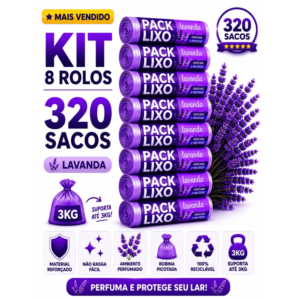 Kit 8 Rolos Sacos Lixo 10L Lavanda 320 Sacos Perfumados Resistentes Cozinha Banheiro Anti Odor