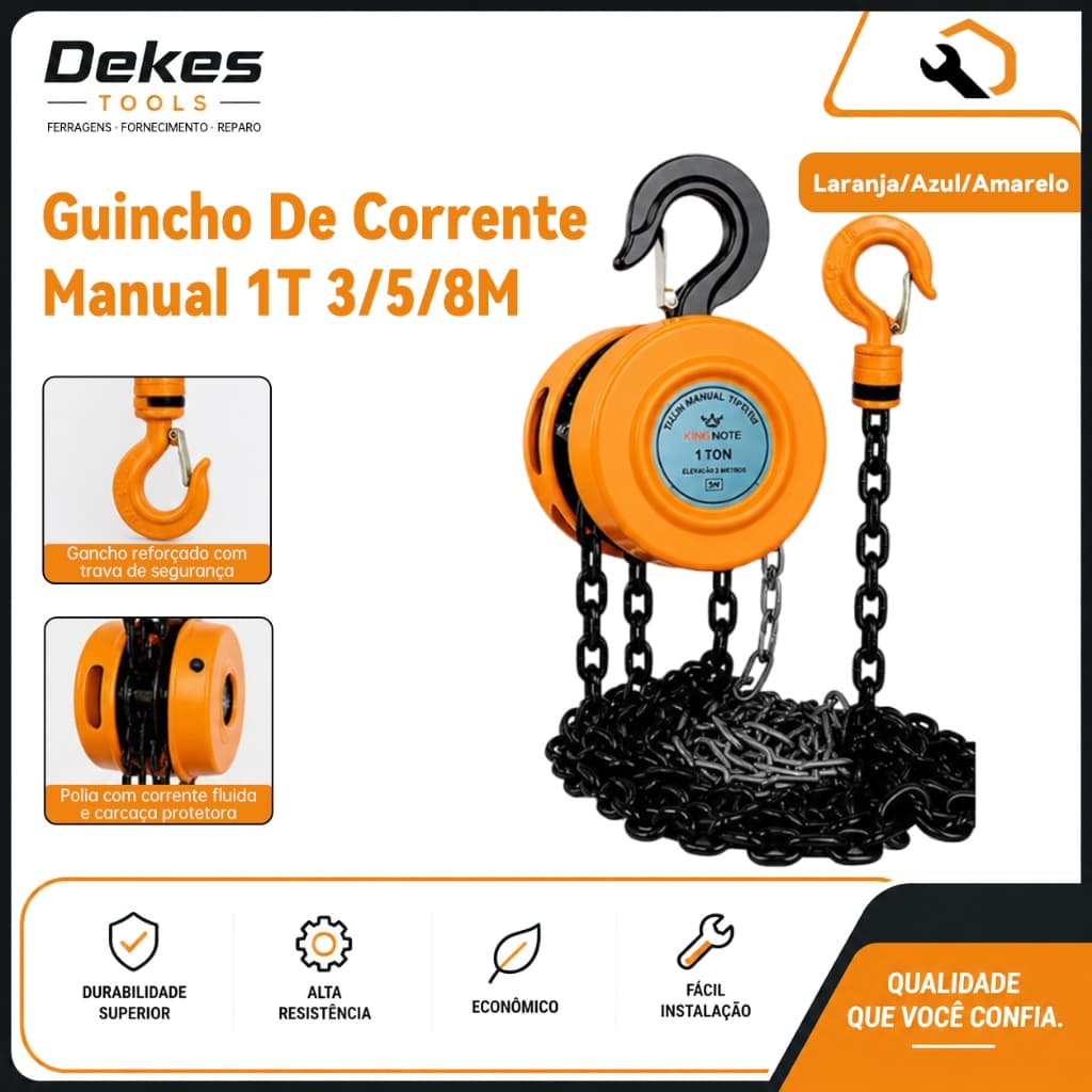 Dekes Talha Manual 1 Tonelada 3/5/8m Aço Carbono Reforçada com Freio de Segurança