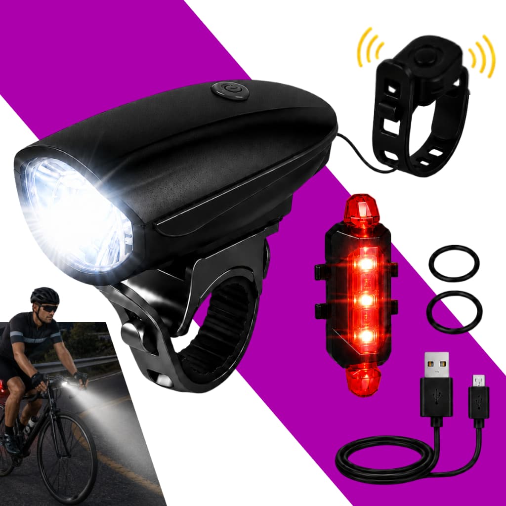 Kit Farol Bike Led Com Buzina Alta Forte Sinalizador Traseiro Recarregável Usb
