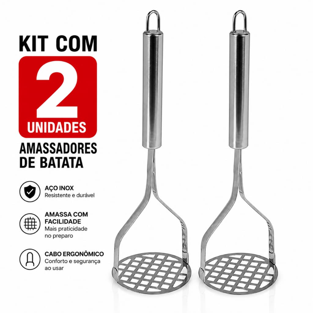 Kit 2 Amassador Batata Alho Inox Premium Legumes Purê
