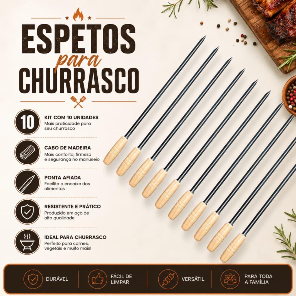 Kit 10 Espetos  Aço Inox  para Churrasco Com Cabo De Madeira Mini Moderno Eficiente