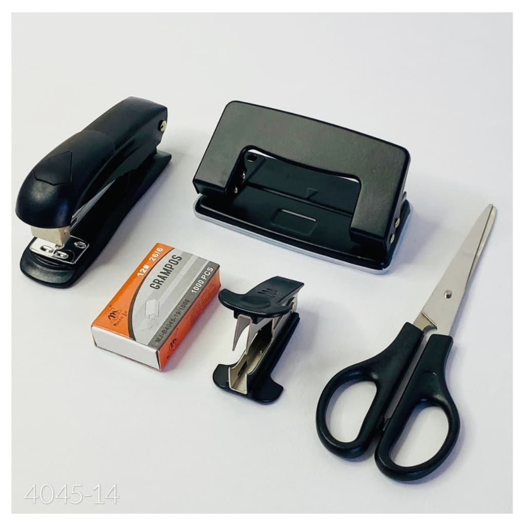 Kit para Escritorio Home Office 05 Peças, 1 Grampeador, 1 Extrator, 500 Grampos, 1 Tesoura, 1 Furador de Papel
